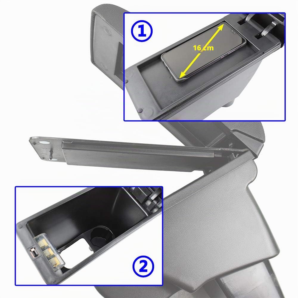 Consola de reposabrazos Central para Fortwo Forfour 2014-2019 Nueva Caja de Almacenamiento Modificación de Contenido de Interfaz USB (Negro (con Hilo Negro))