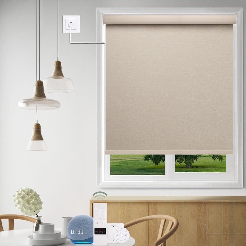 Tenda a rullo oscurante motorizzata, larghezza personalizzata, telecomando con filo rigido (12 V/24 V/110-240 V), elegante texture leggera, tendaggi per finestre per casa e ufficio, efficienza