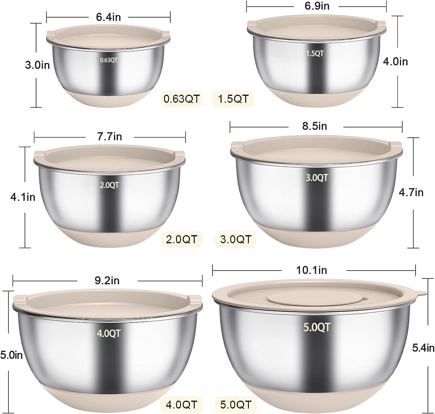 Terlulu Rührschüssel 6er Set, Edelstahl Schüssel Salatschüssel Set mit Deckel & Silikonboden, 3 Reibenaufsätzen, 4.7l/3.8l/2.8l/1.9l/1.4l/0.6l, Rutschfest & Stapelbar - Khaki