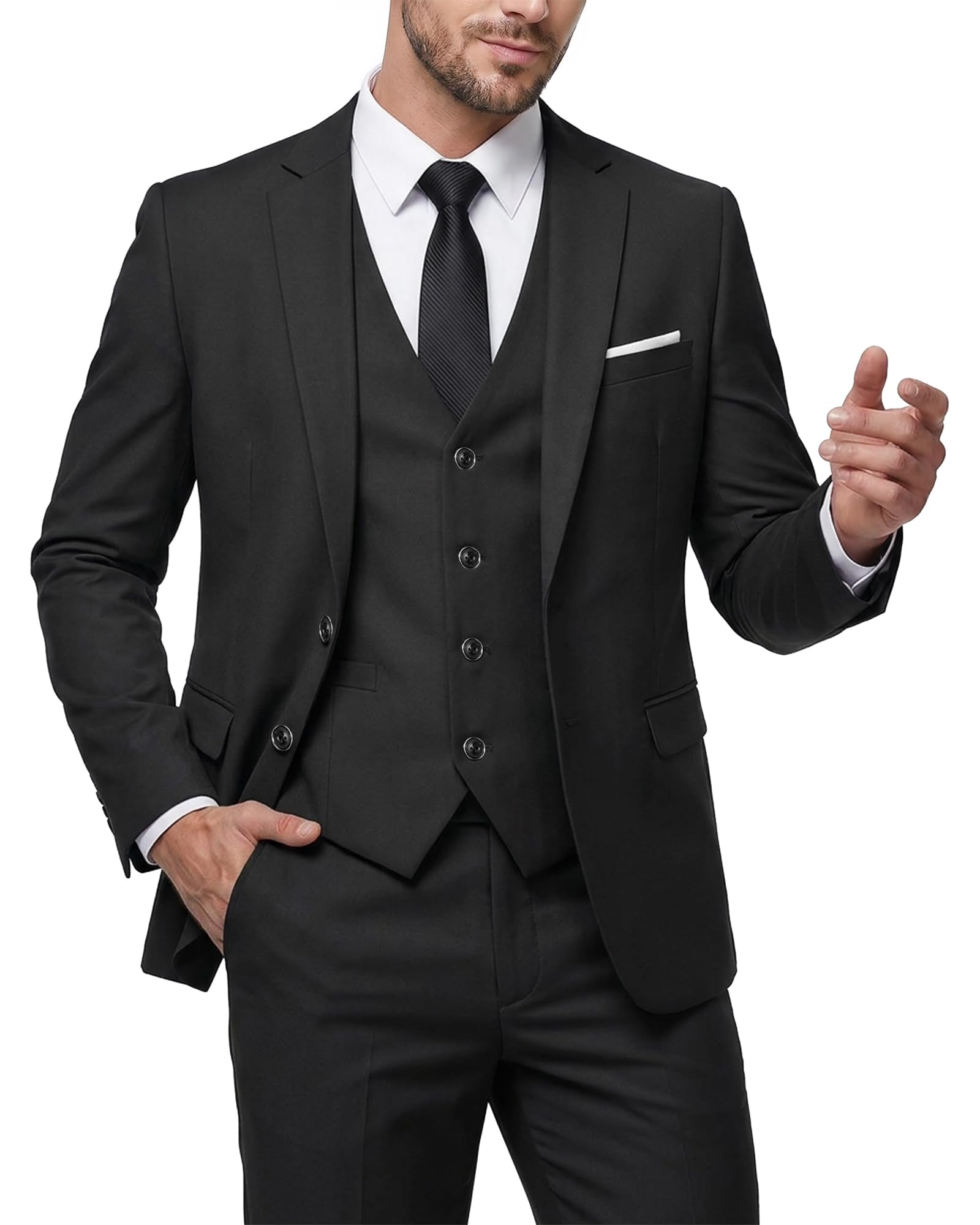 MY'S - Completo da uomo 3 pezzi, vestibilità aderente, giacca blazer con due bottoni, pantaloni, gilet, con cravatta, tinta unita, abito da sposo smoking e pantaloni, tinta unita