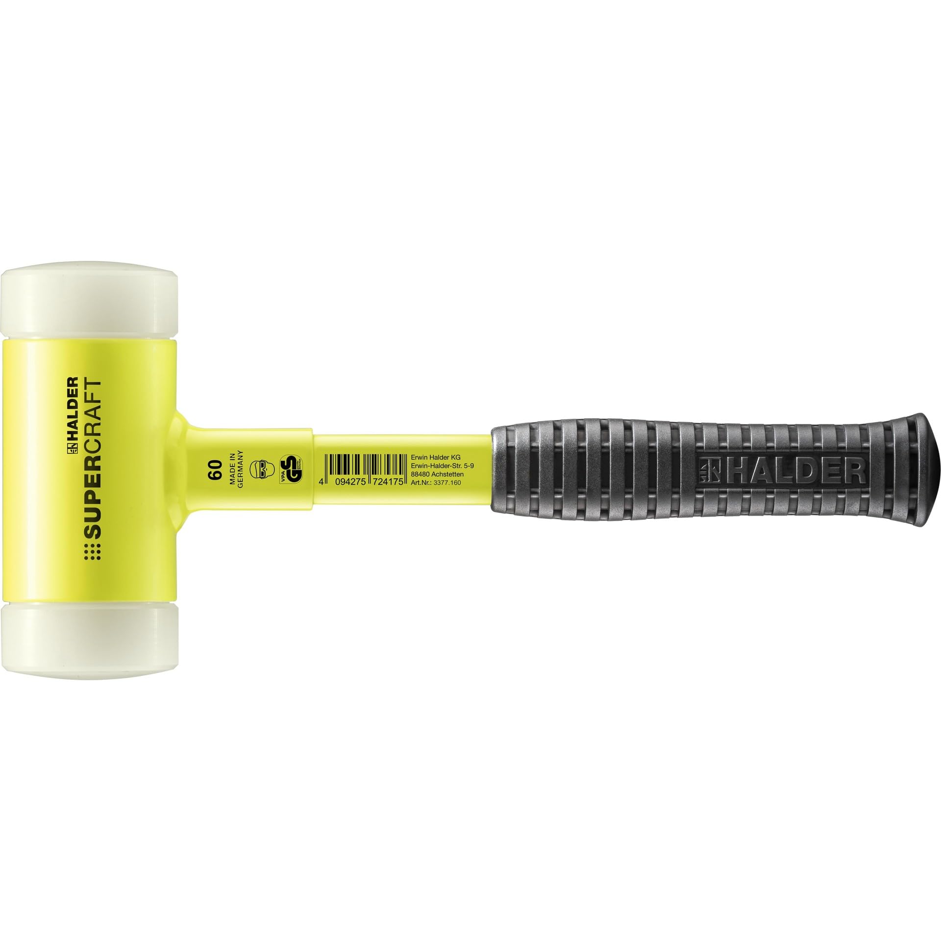 SUPERCRAFT-Schonhammer, mit bruchsicherem Stahlrohrstiel, gelb-fluoreszierend beschichtet und ergonomisch geformtem, rutschsicherem Griff | D=60 mm | 3377.160