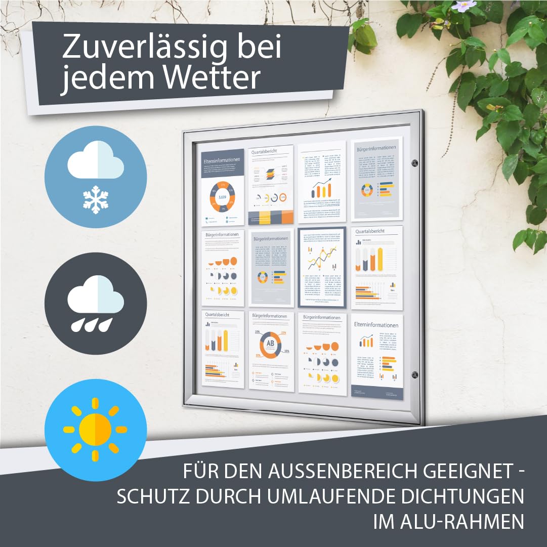 Schaukasten außen 12x DIN A4 | wetterfest | abschließbarer Infokasten SAN-Scheibe | beschreibbare magnetische Rückwand | ideal für Außenbereich & Outdoor Wand-Montage