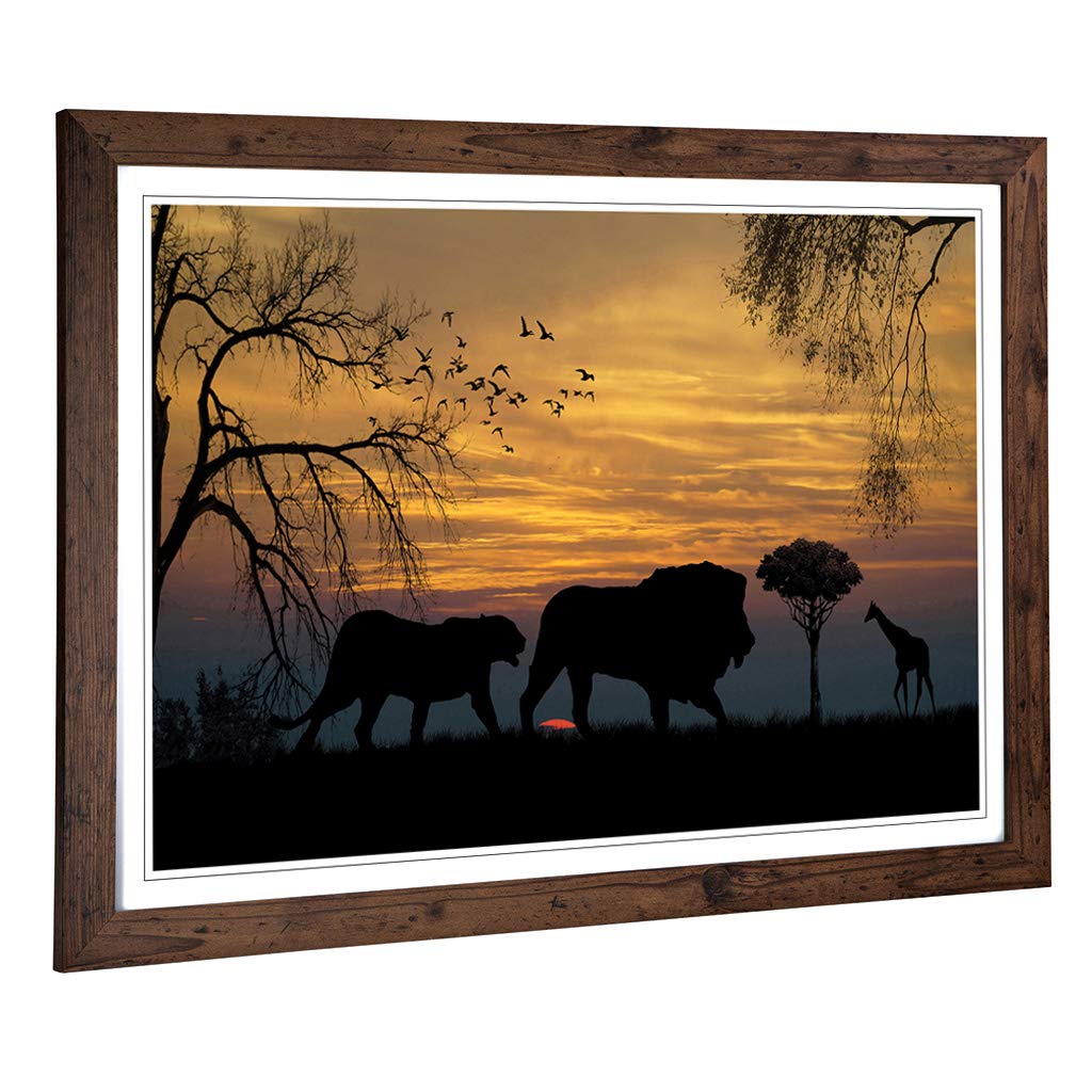 Big Box Art Framed Print of Lions and Giraffe Sunset Landscape Design | Wall Art Picture | Home Decor for Kitchen, Living Room, Bedroom, Hallway, Walnut, A2 / 24.5x18 Inch / 62x45cm