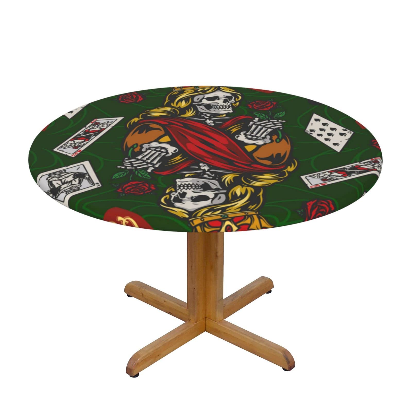 Lsjuee Round Fitted Tablecloth 40-44in Elastic Edged Table Cloth for Kitchen Dining Party Home Decor - Poker Card Skeleton Green