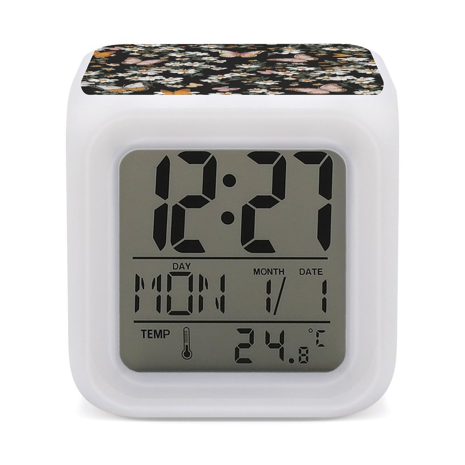 JTREHY 7 Color Changing LED Digital Alarm Clock,Various Butterflies and Daisies Printed Wake-up Clock with Temperature Display Home Decoration Alarm Clock for Bedroom Office