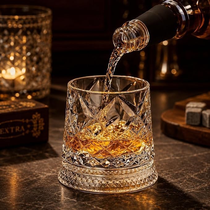 Image of PrimeWorld Diamond Cut Rotating Whiskey Glasses - Set of 6 | 300ml 360 Spinning Old Fashioned Tumblers | Premium Crystal Clear Lead-Free Rocks Glasses for Whiskey, Scotch, Bourbon, Brandy, Rum