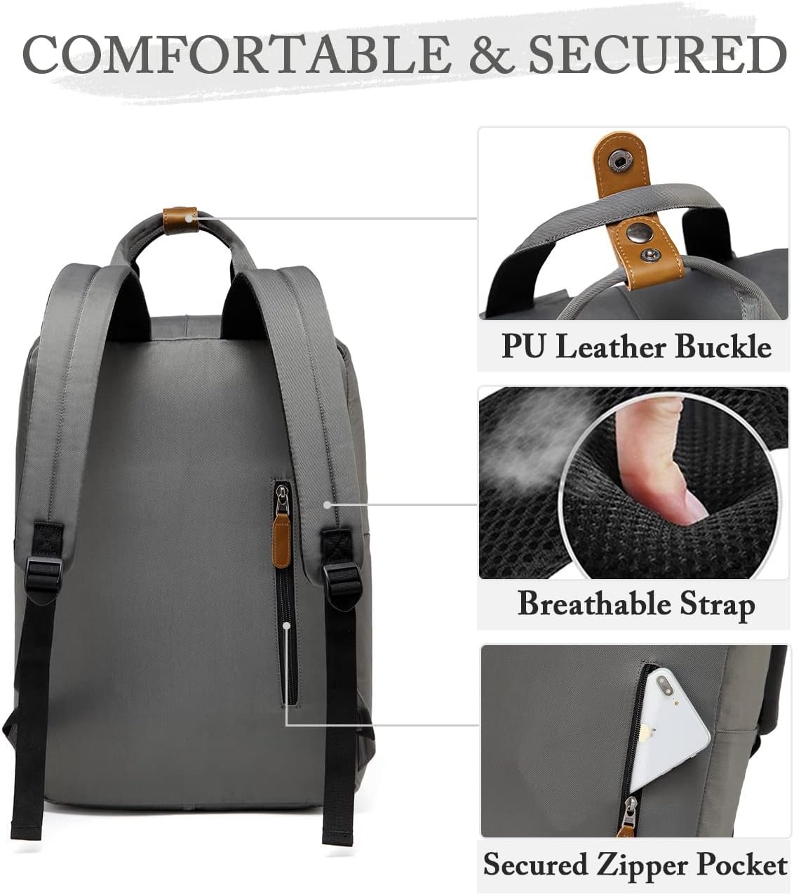 VASCHY School Backpack for Men, Travel Backpack Water Resistant College High School Computer Bag Student Bookbag, Gray