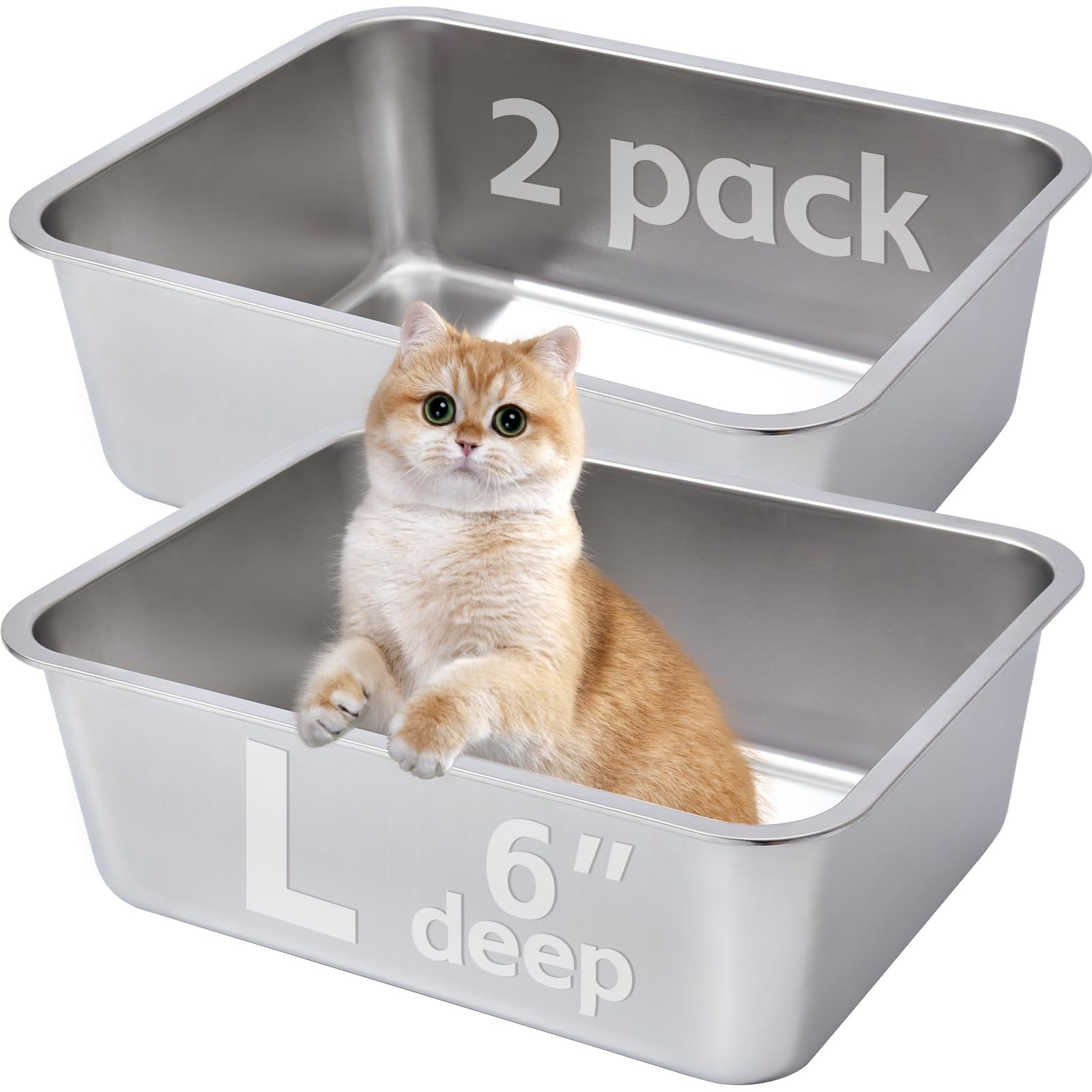 Amazon.com: EGMEHOAD Stainless Steel Litter Box 2 PackMetal Litter Box  Easy to Clean,Cat Litterbox Supplies for Kitten, Kitty, Rabbit, 6" High  Side Cat Litter boxs,Stainless Steel LitterBox, No Smell,Non Stick : Pet