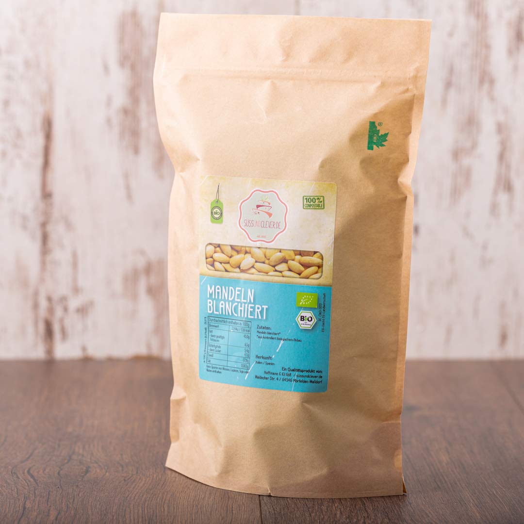 süssundclever.de® | Bio Mandeln, blanchiert | 1,0 kg | aus Spanien | plastikfrei und ökologisch-nachhaltig verpackt | blanchierte Mandeln | Mandeln ohne Haut