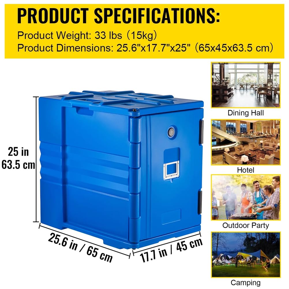 Caja térmica para Catering de 90 litros, aislada, apilable, con Asas y Hebillas, para Buffet, Restaurante o Comedor, Color Azul.