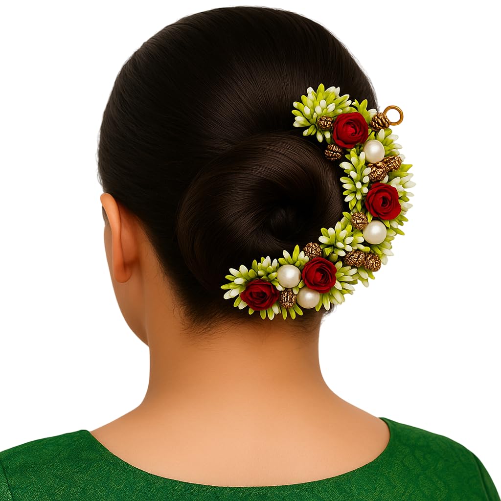 Traditional Floral Hair Bun Accessory with Red and green grass Roses, Pearl Beads, Green Daisies, Gold Accents, Bridal Hair, Fancy Stylish Juda, Groom Wedding & Partys, Bridal Brooch & Braid For Hairstyle & Decoration, For Women and Girls-image-18