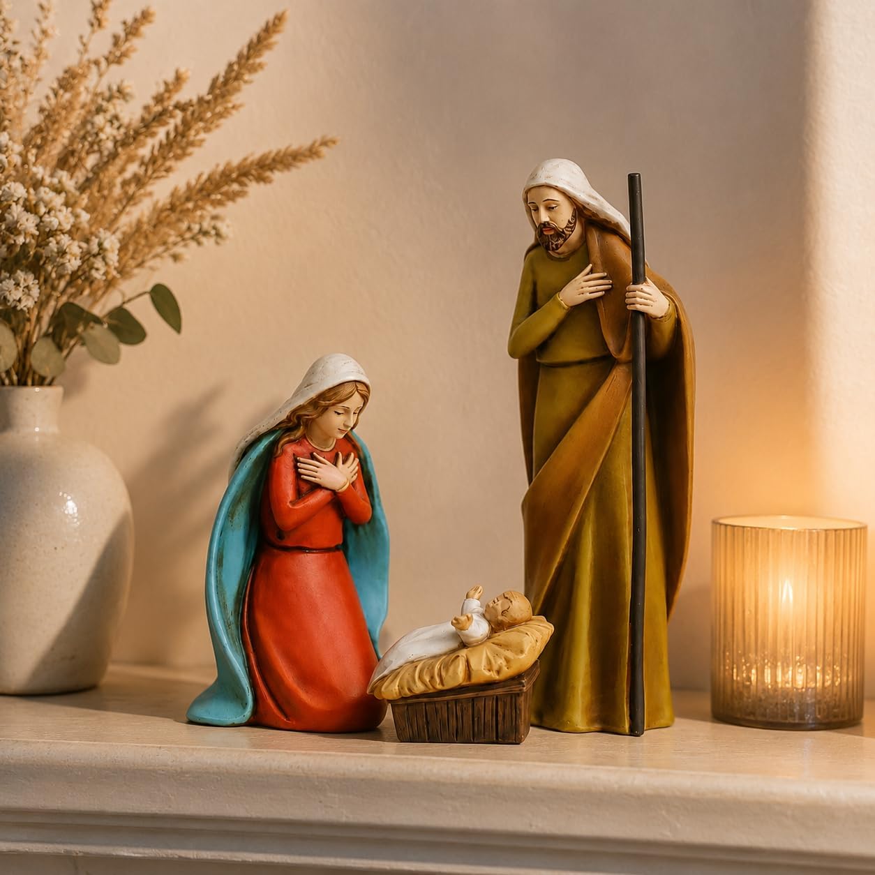 Comfy Hour 5" Holy Family Nativity Scene, Mary Joseph and Christ Child Religious Figurine, Traditional Christmas Manger Statue, Artisan Crafted Home Decor Accent, 1 Piece