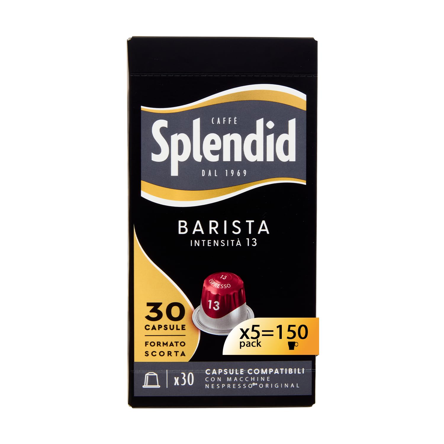 Splendid - Capsule Caffè Espresso Barista - 150 Capsule in Alluminio - 5 Confezioni da 30 - Intensità 13 - Compatibili con Macchine Nespresso®* original