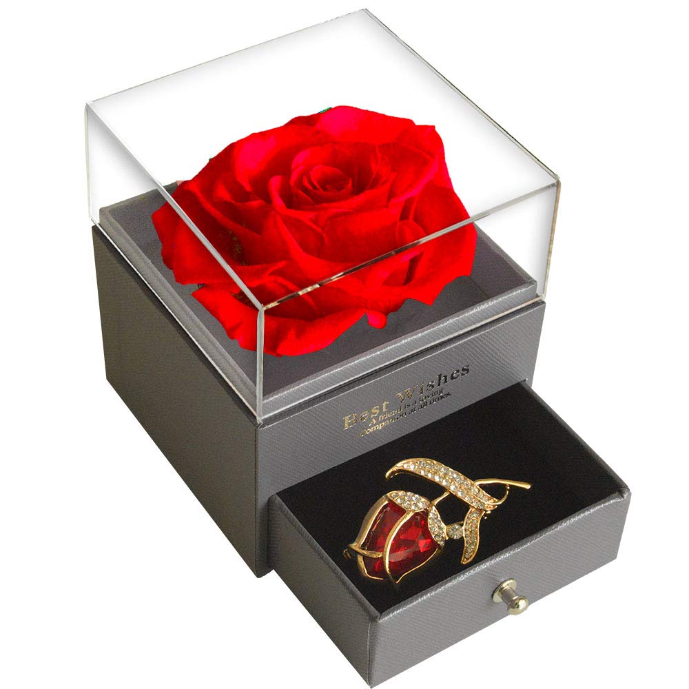 SWEETIME Preserved Red Rose Gift Box- Enchanted Real Rose with Ruby Rose brooch, Eternal Rose Flower in Jewelry Box, Handmade Rose,Forever Red Rose Gift for her On Christmas Mother's Day, Anniversary.