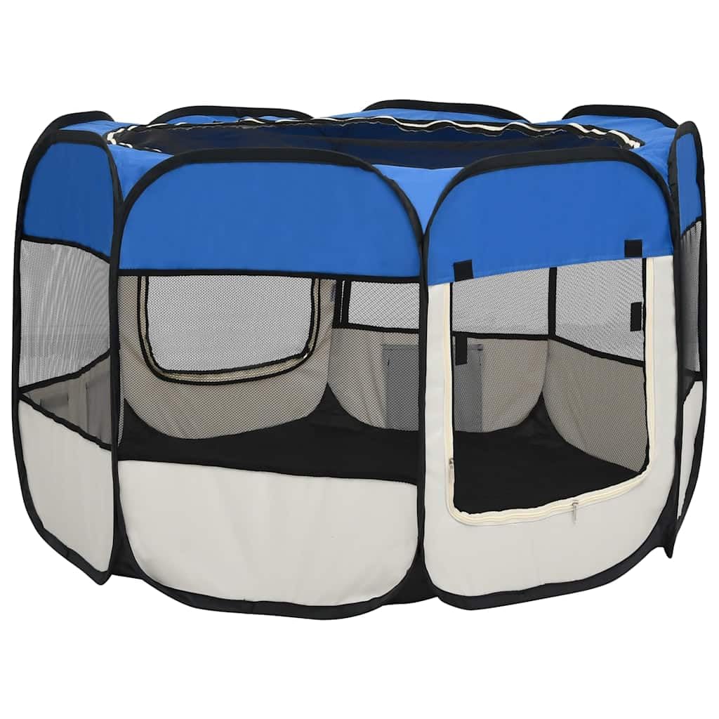 Parque plegable para cachorros con bolsa de transporte, color azul, 90 x 90 x 58 cm, marco de metal estable, plegable y portátil, ideal para entrenamiento, protección y seguridad en el