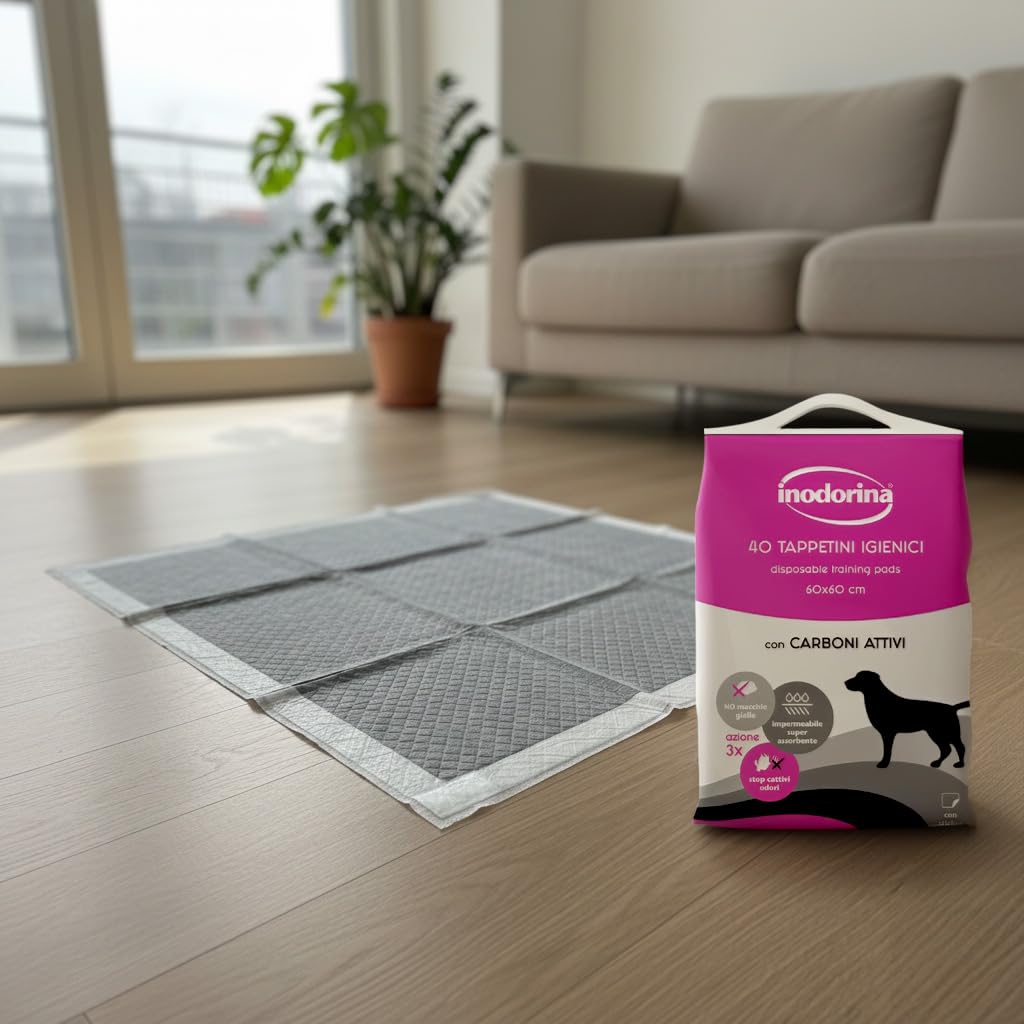 Inodorina Tappetini igienici per Cani (60x60 cm, 40 Pezzi) – Traversine con Carboni Attivi Super assorbenti in Pura cellulosa Vergine – con polimeri Odor Control e Sticker Antiscivolo