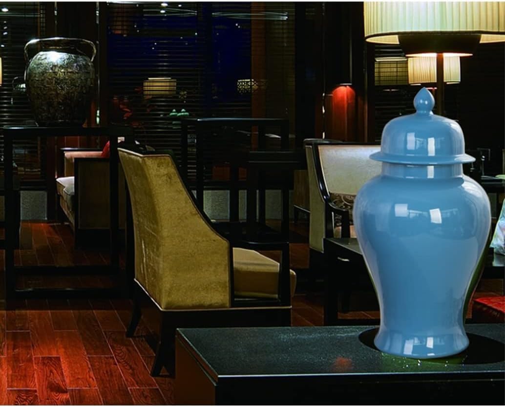Jarrón simple de cerámica con tapa, tarros grandes de porcelana china antigua azul con tapa, centro de mesa, jarrón de arreglo floral, maceta de mesa, sala de estar, diciembre (azul M)