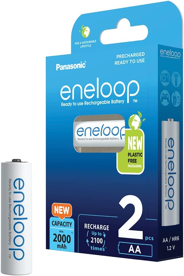 Panasonic eneloop Pilas Ready - to - Use Ni - MH, AA/Mignon, Pack de 2, Capacidad mínima Mejorada de 2000 mAh, Vida útil de 2100 recargas, Pilas Recargables envase Libre de plásticos, Blue