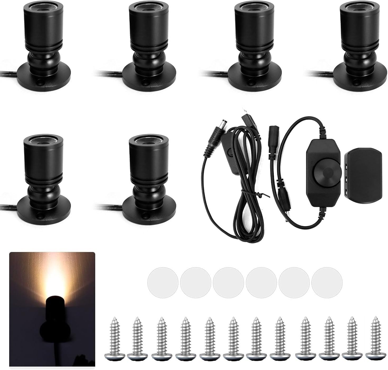 USB-Powered Dimmable Mini Jewelry Display Lights, 6-Pack 1W Adjustable Mini Spotlights, Cold White Spotlight，Led Spotlight for Counter Cabinet Showcase with Brightness Control Switch