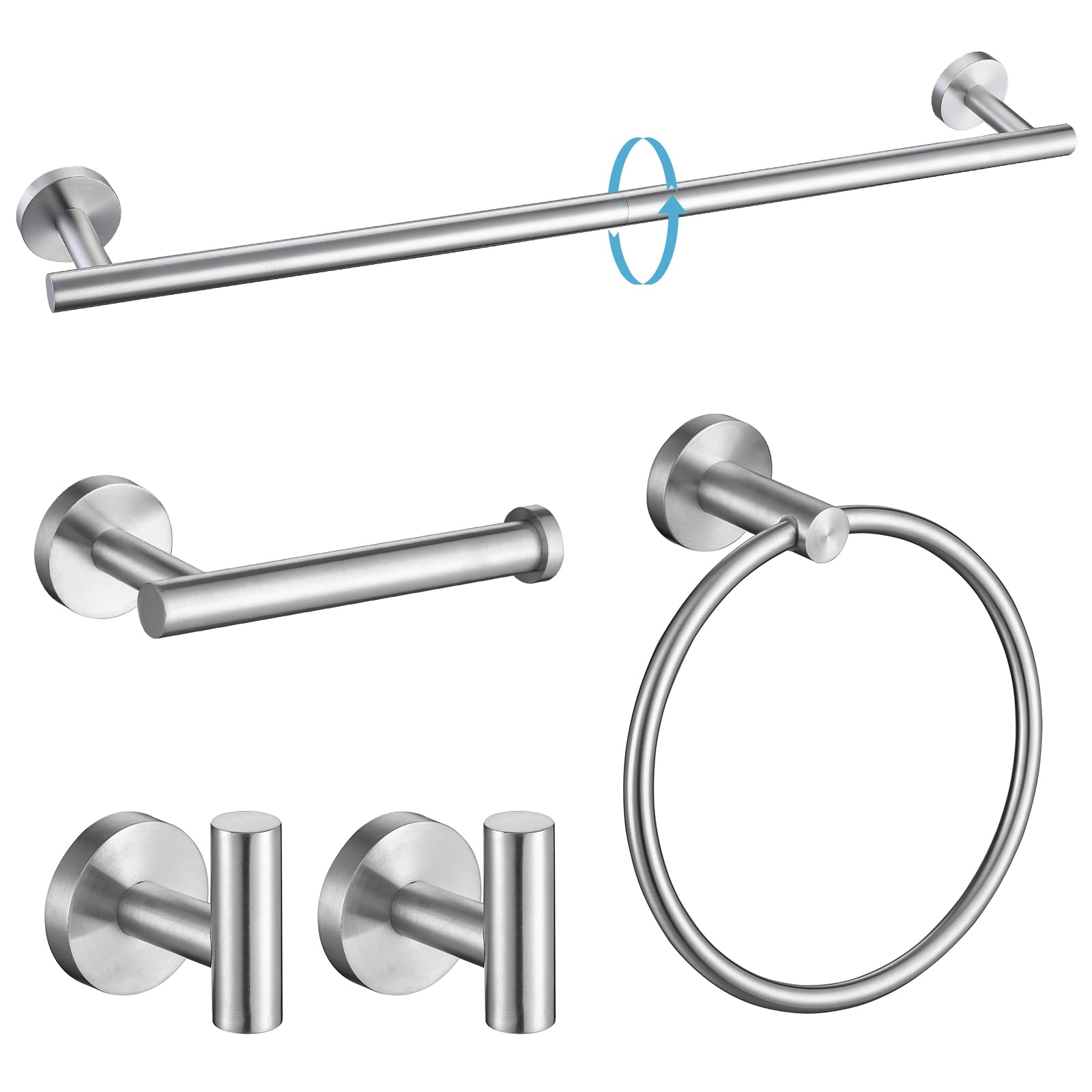 TURS Bathroom Hardware Set - Brushed Stainless Steel Towel Bar, Ring, Toilet Paper Holder & Robe Hook (Wall Mounted) - View #3