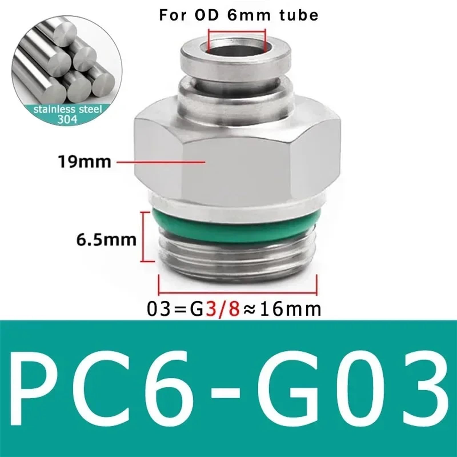 Conector de manguera de aire de acero inoxidable 304, conector de tubo neumático de rosca G for PC, 1/8, 1/4, 3/8, 1/2, M5, BSPT, acoplamiento rápido, 10 Uds.(Color:PC6-G03)