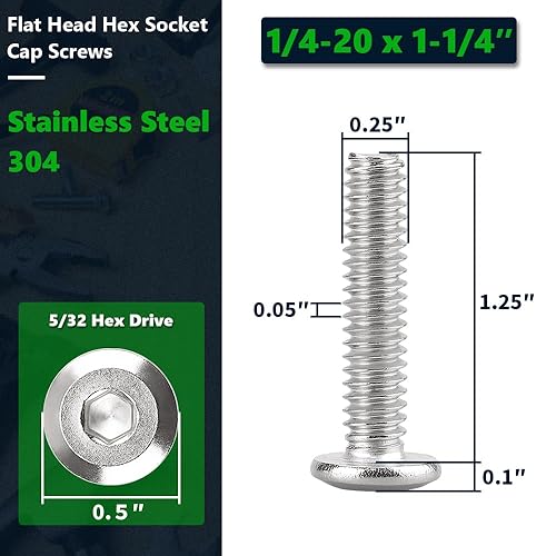 Miniatura 2 de 14-20 x 1-14" (30 PCS) Tornillo de cabeza plana de cabeza plana, 304 tornillos de unión de acero inoxidable 18-8, rosca completa, pernos de