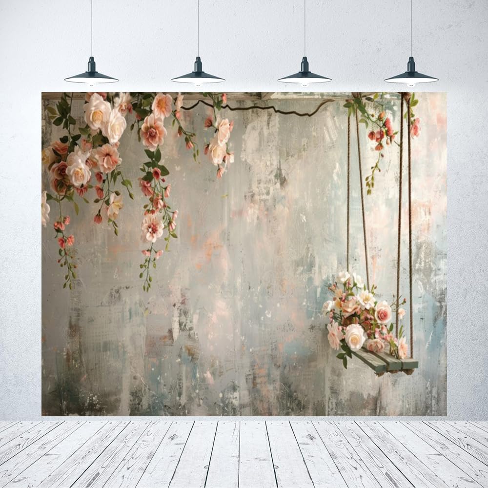 Spring Flower Backdrop 10x8ft Vintage Wall Background Hanging Floral Swing Spring Photo Backdrops for Photography Wedding Birthday Party Decorations