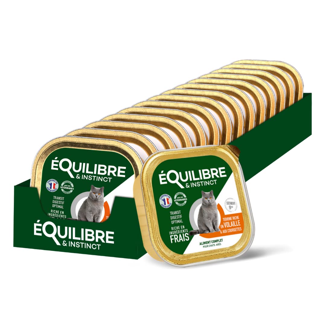 EQUILIBRE & INSTINCT - Chat Âgé - Pâtée Nourriture Humide Volaille - Maintien des Défenses Immunitaires - Recette Complète Formulée avec des Vétérinaires - 14x85g - Fabriqué en France