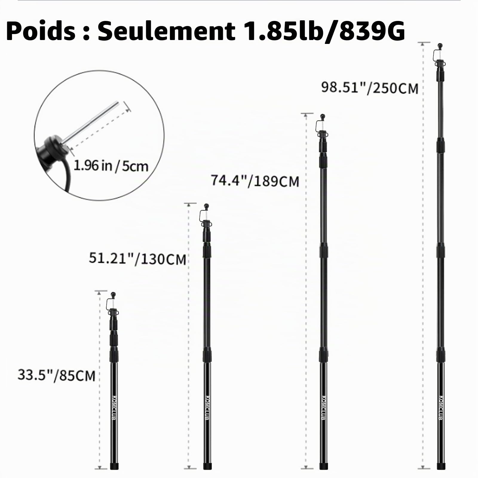 KOMCLUB Lot de 2 Barres de Tente télescopiques, en Fibre de Verre, de 85 à 250 cm, réglables, Ultra légères, pour Voile d'ombrage, tentes, bâche de Camping (2 pièces)