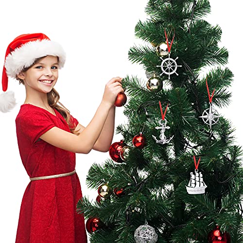 4 Pieces Silver Christmas Tree Ornament Nautical Navy Christmas Ornament Snowflake Elk And Letters Christmas Decor With Red Rope And Christmas Bags (Rudder Style) #TOP3