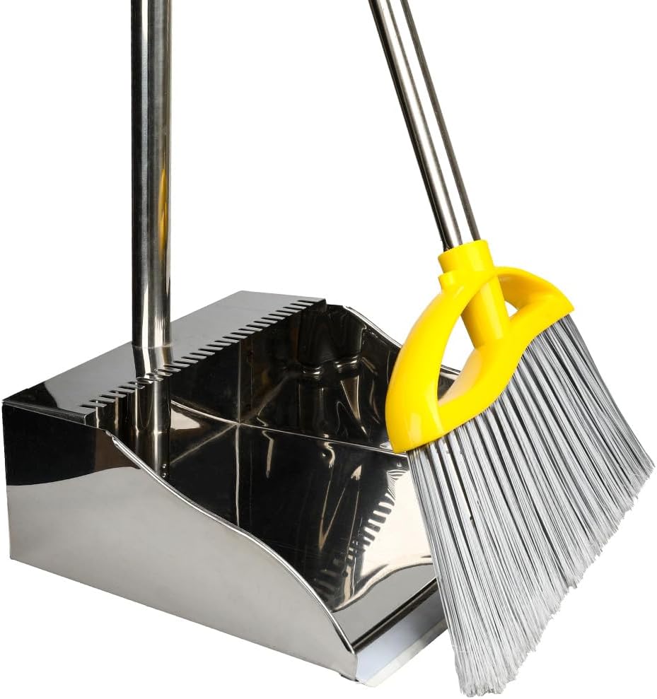 Stainless Steel Dustpan with Outdoor Stiff Bristles Broom,Long Handle Metal Dust Pan and Heavy Duty Broom for Home,Lobby,Office Stainless Steel Dustpan with Outdoor Stiff Bristles Broom,Long Handle Metal Dust Pan and Heavy Duty Broom for Home,Lobby,Office