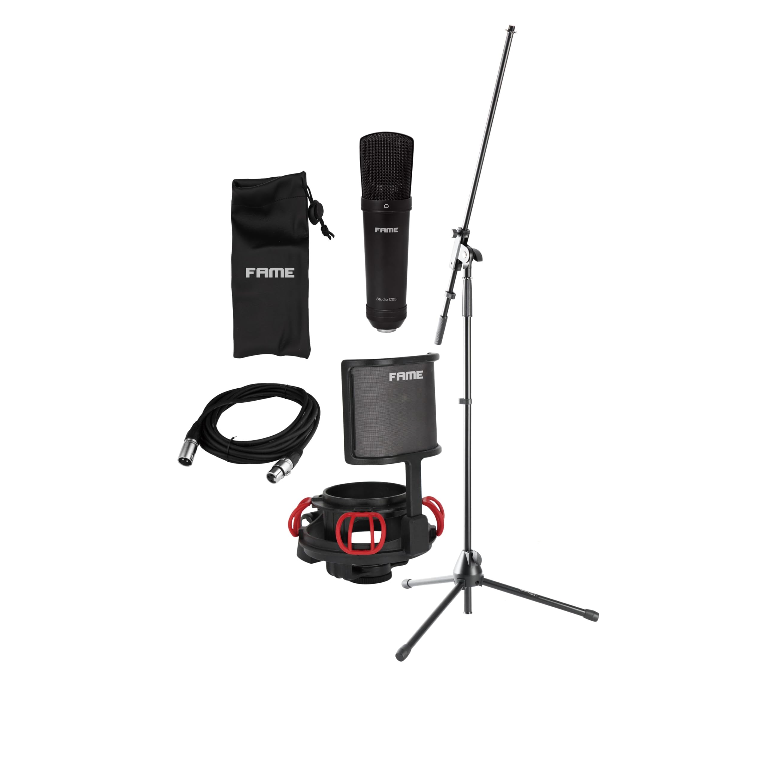 Fame Audio Großmembran Kondensatormikrofon-Set, Schwarz, Nierencharakteristik, 20Hz - 20kHz Frequenzbereich, 125dB max SPL, 48V Spannungsversorgung, Heimgebrauch