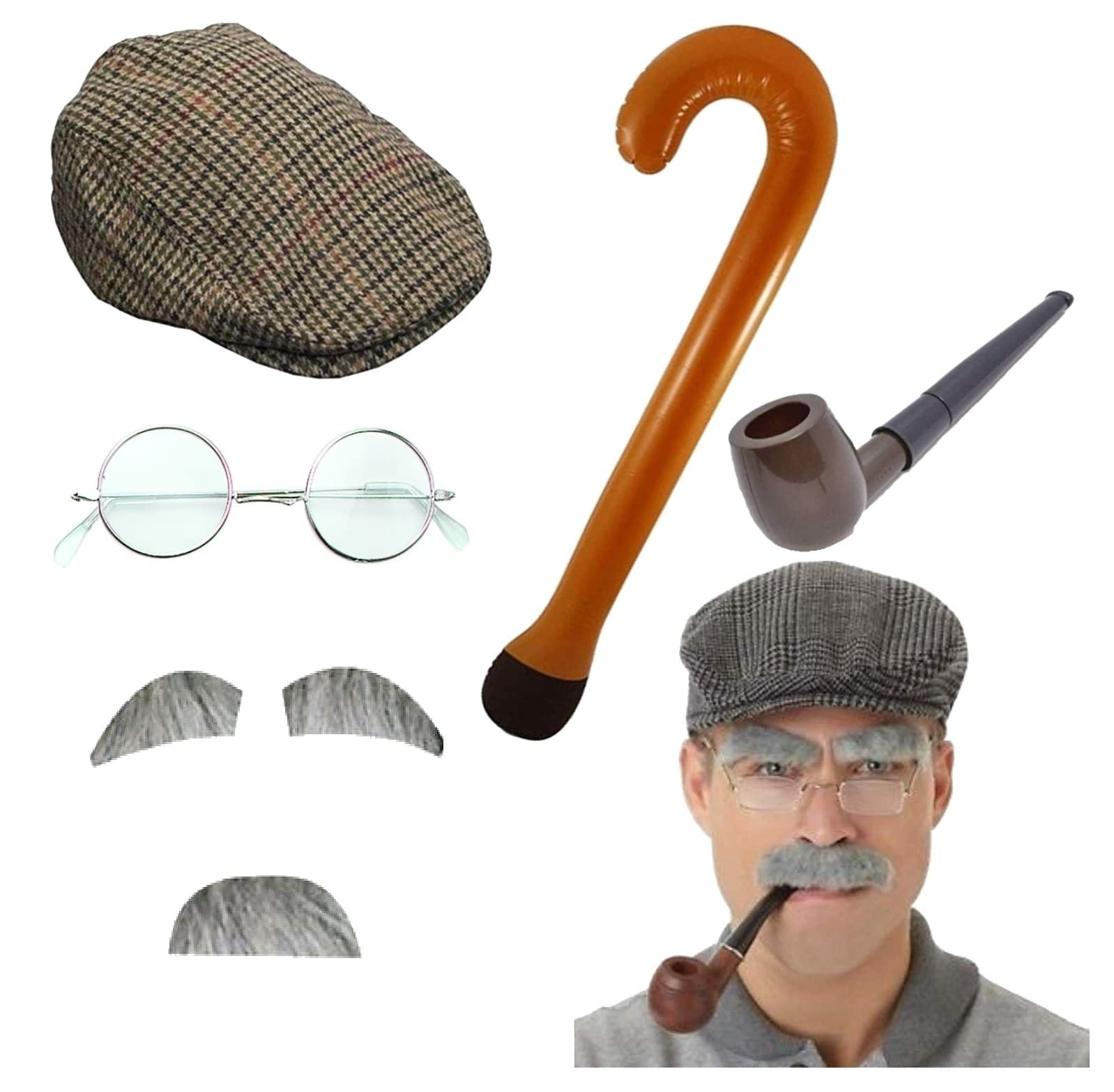 Mega_JumbleSale® Naughty Grandpa Adult Grandad Old Man Fancy Dress Set Flat Cap Facial Hair Inflatable Cane Glasses Pipe Stag Hen Party - Image 2