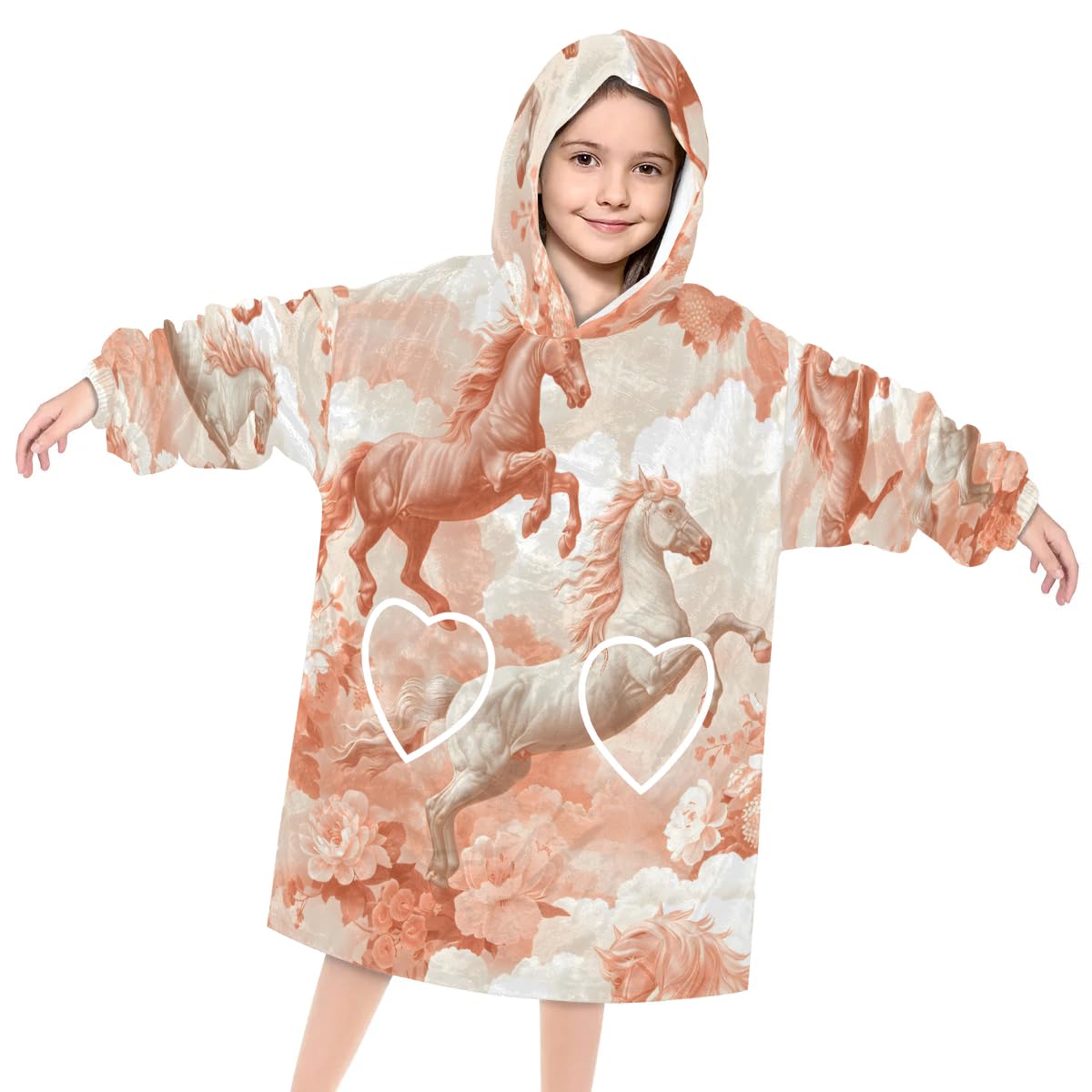 Wearable Blanket Hoodie for Kids, Rainbow Horses Fleece Sweatshirt Blanket Oversized Blanket Sweatshirt with Pocket Flannel Warm Hooded Blanket 6-10 Year Old Girl Boy Gift, One Size