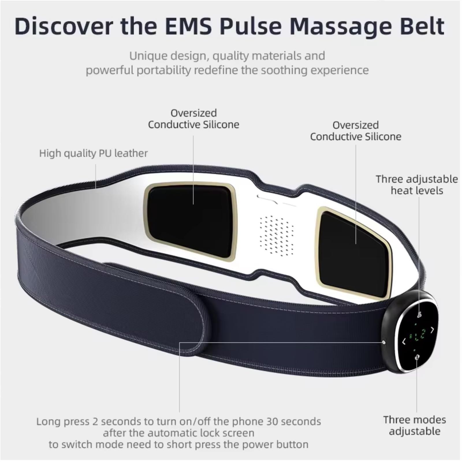 Beheizter EMS-Bauchmuskelstimulator – 3 Modi & 16-stufig einstellbarer Bauchmuskeltrainer mit Digitalanzeige, 110 cm (43,3 Zoll) langer Muskelaufbaugürtel für Bauchfettverbrennung,Körperformung