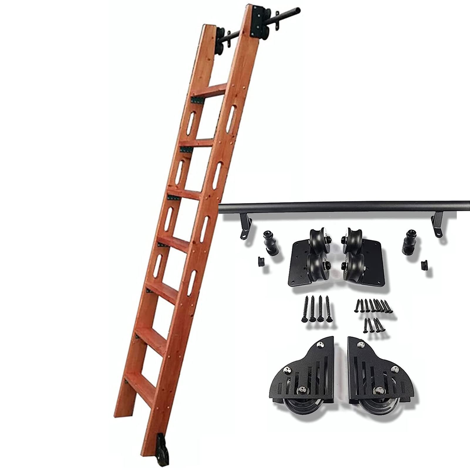 Sliding Ladder Library Complete Hardware Sliding Barn Door Kit Rolling Rail Set (No Ladder), Steel Round Tube Rail With Floor Casters, For Home/loft, Black (Size : 3.3ft/100cm Track Kit)