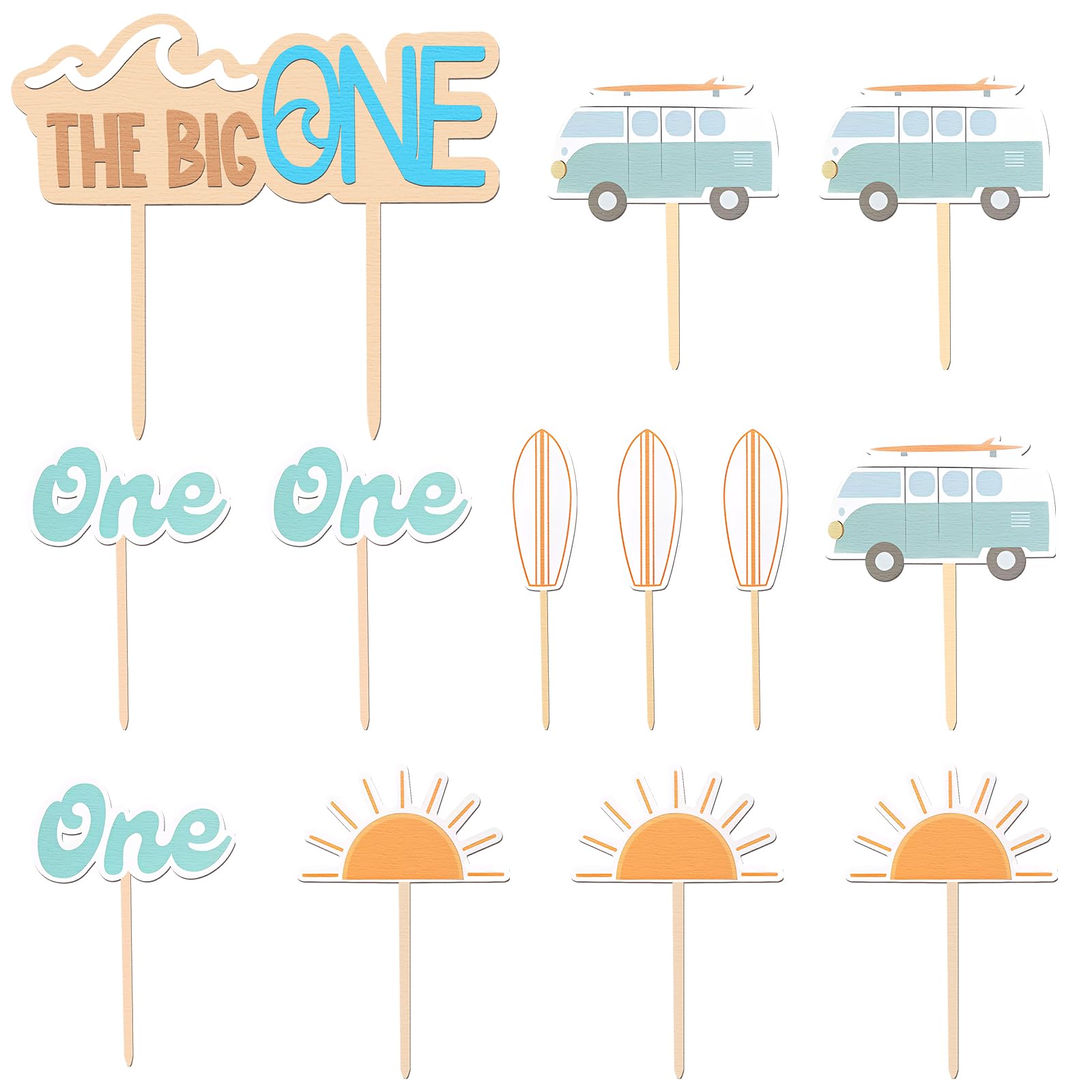 13 Pcs the Big One Cake Topper Wooden Wave Surf First Birthday Decorations Surfboard Hippie Bus Sun Smash Cupcake Photo Props for Summer Holiday Birthday Party
