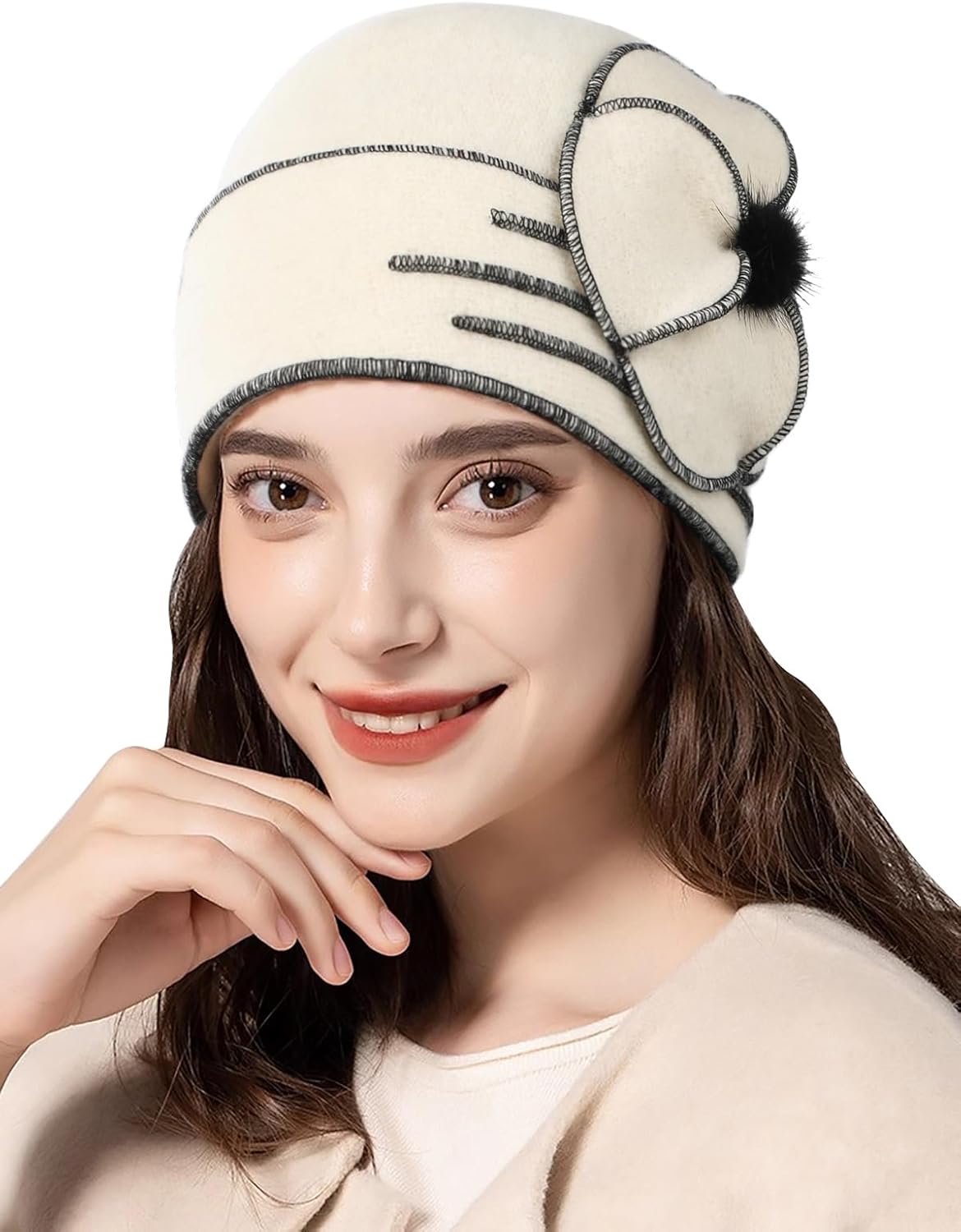 Sumolux Beanie Hats for Women Wool Skull Cap Beret Floral Cuffed French Vintage Dress Cloche Classic Winter 1920s