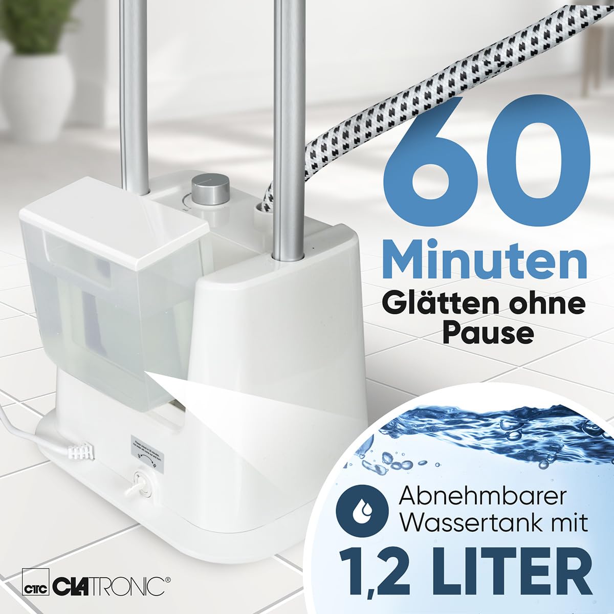 Clatronic® Stand-Dampfglätter | schnell einsatzbereit | Abnehmbarer 1,2 Liter Wassertank | bis zu 60 min. bügeln | 1600 Watt | Steamer | 3 Stufen | für empfindliche Stoffe | TDC 3809 weiß