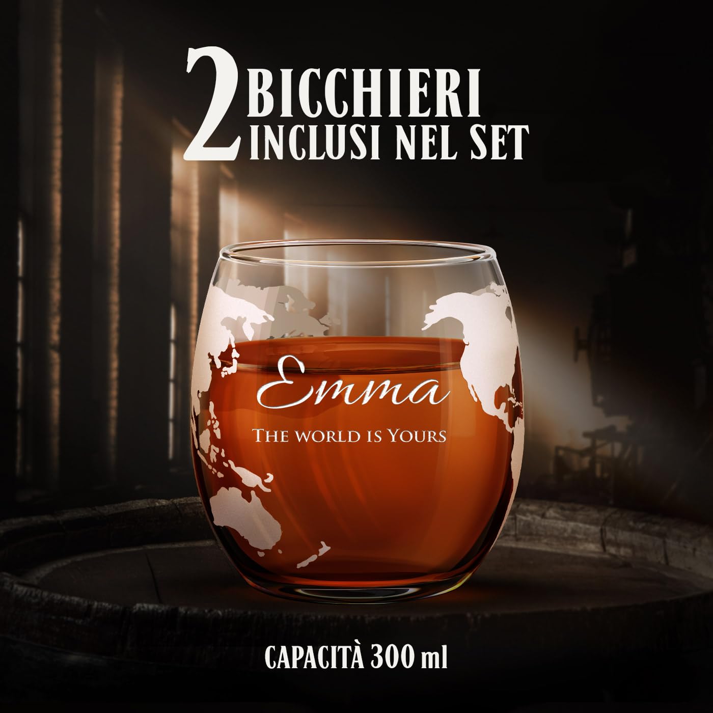 Maverton Decanter per Whisky in vetro - incisione personalizzata - Caraffa a forma di mappamondo da 850 ml + 2 bicchieri da whisky - regalo uomo - mondo