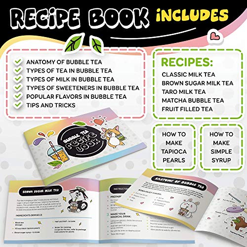4-Pack Reusable Bubble Tea Cup Set – 22oz Glass Boba Tea Cups with Lids & Straws – Bubble Tea Gift Set Includes Recipe Book & Stickers - Reusable Boba Cup for Milk Tea & Smoothie & Iced Coffee