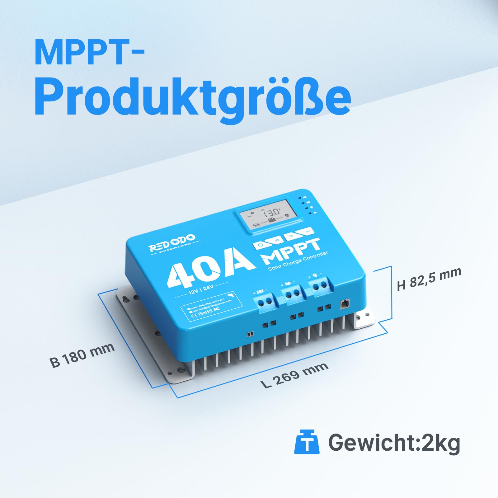Redodo 40A MPPT 12V/24V Auto DC Input Solarladeregler mit eingebautem Bluetooth Modul, Parameter verstellbare LCD Display LED Anzeige