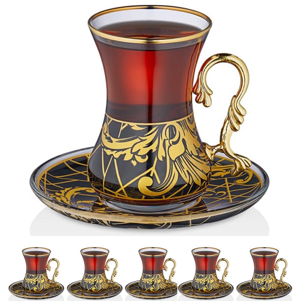 Vissmarta Gold Vintage Turkish Tea Glasses Cups and Saucers Set of 6 Drinking Glassware Party Adults Fancy Serving Coffee Tray Drinks Kettle Women Christmas Gift Teacup Handle Moroccan Drinkware Rim