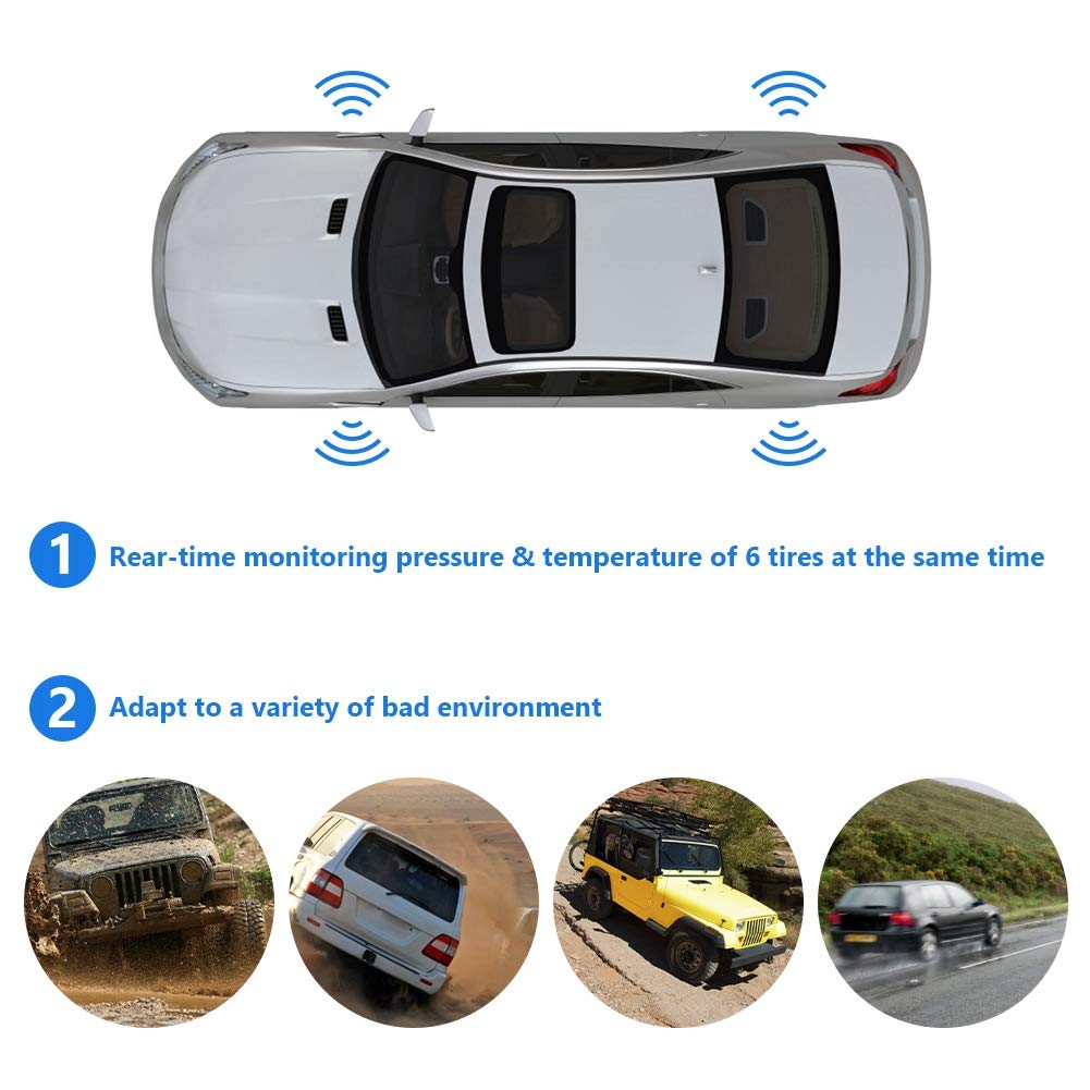 Terisass Reifendruckkontrollsystem Reifendrucküberwachungssystem Drahtloser Solar-TPMS-LCD-Monitoralarm mit 6 externen Sensoren T650 TPMS für Fast alle Wohnmobile Motorhome