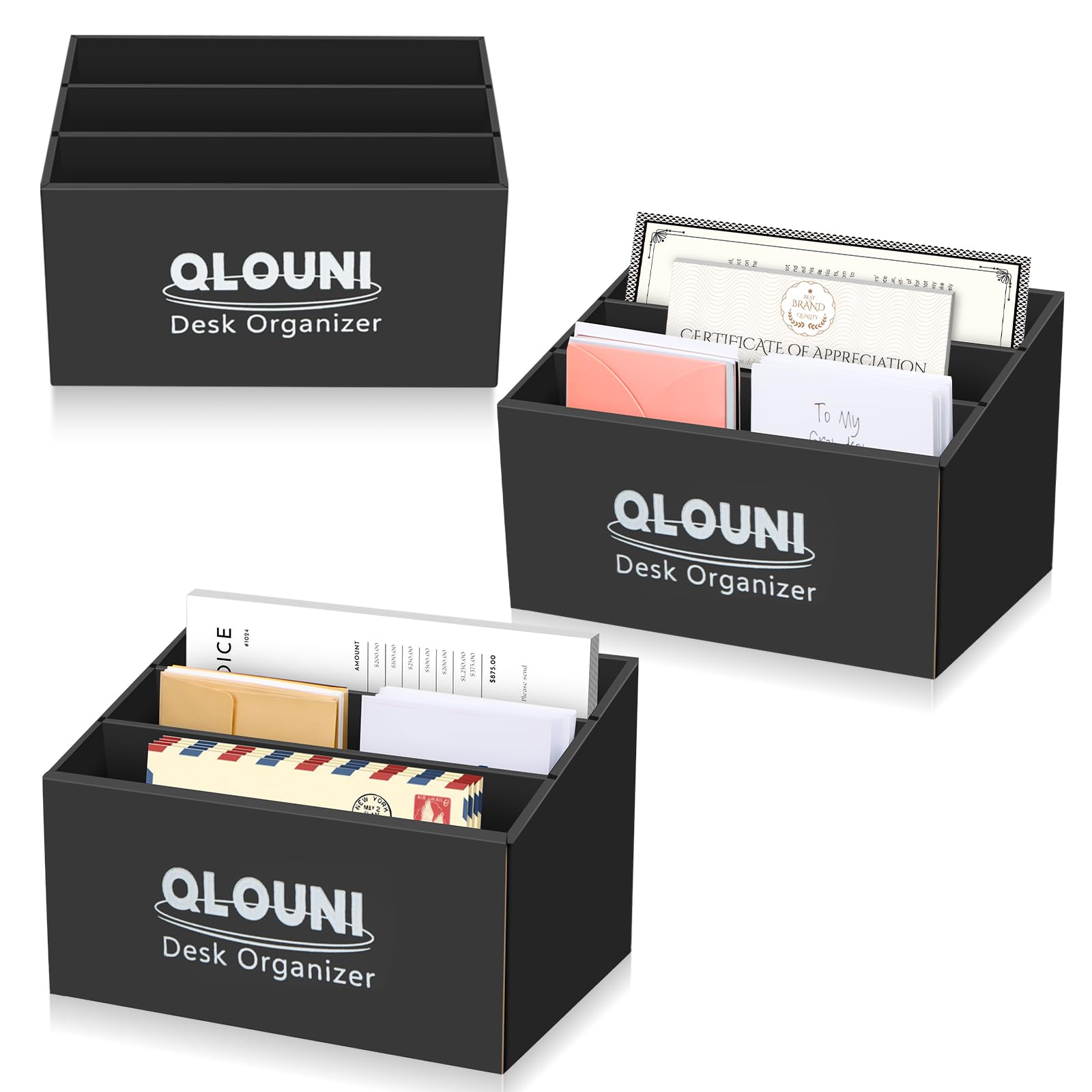 QLQUNI Desk Organiser, 3 Compartment Step Desk Tidy, Black Desktop Storage Box for Letters, Bills, Stationery & Office Supplies, Practical Holder for Home Study Office Daily Small Items, 3 Sets
