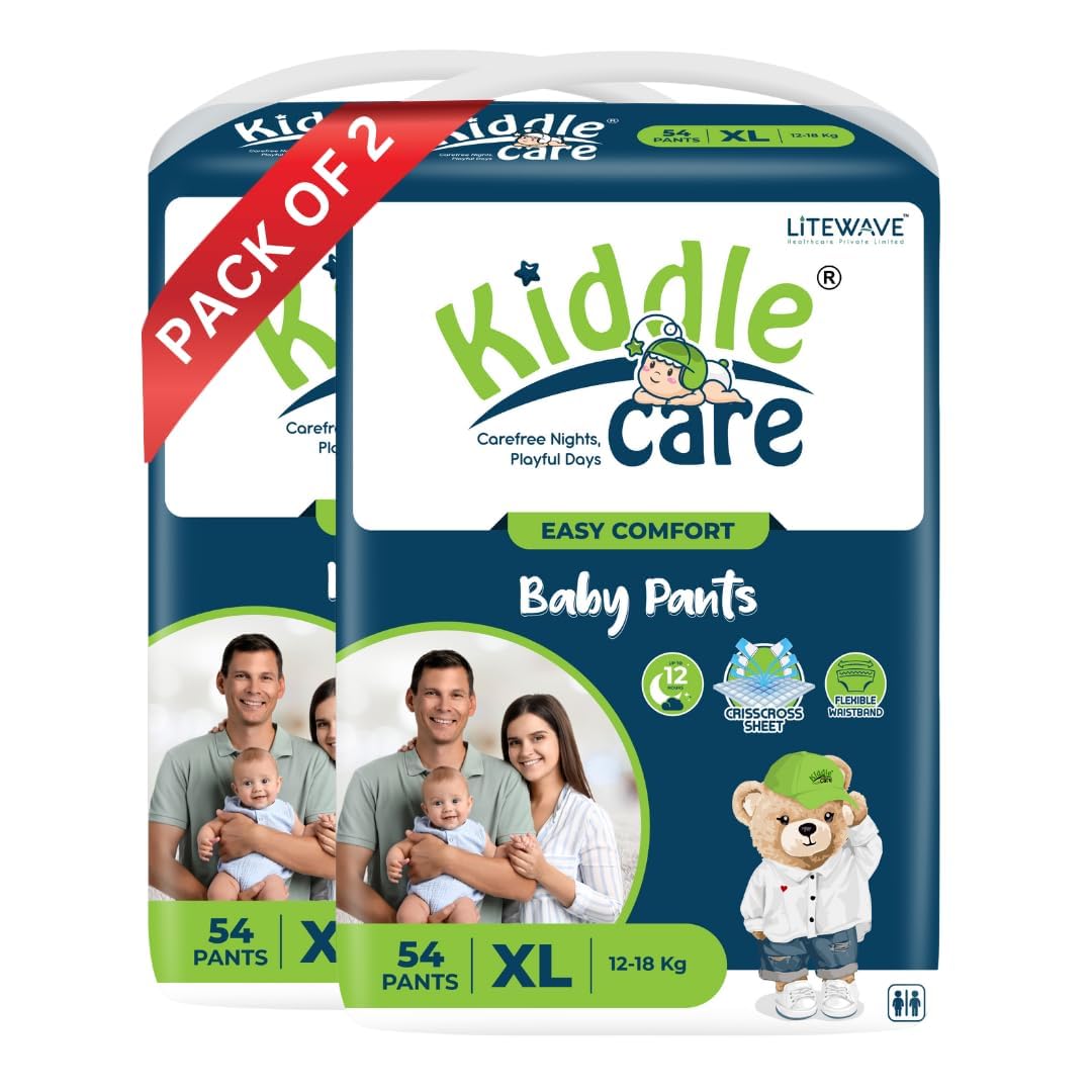 easy comfort baby diaper pants | extra large (xl) | 12-18 kg | pack of 2 | 108 pieces | up to 12 hours protection, prevents leakage, wetness indicator comfy fit keeps baby dry all day