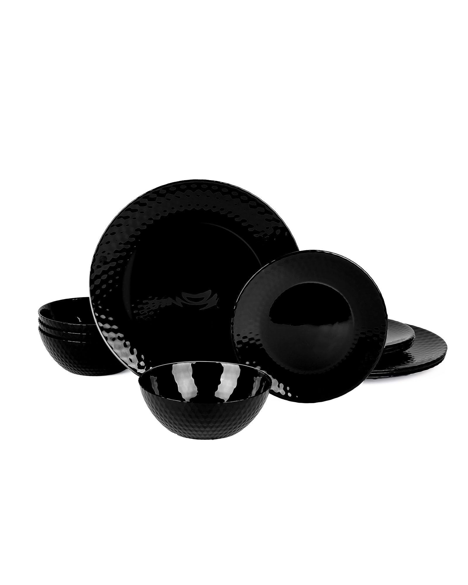 LaGlint Dinnerware Sets for 4, Light & Durable 12 Pieces Opal Glass Plates and Bowls Set, Dishwasher and Microwave Safe Ribbed Dish Dinning Ware, Thin but Strong Geometric Faceted Black