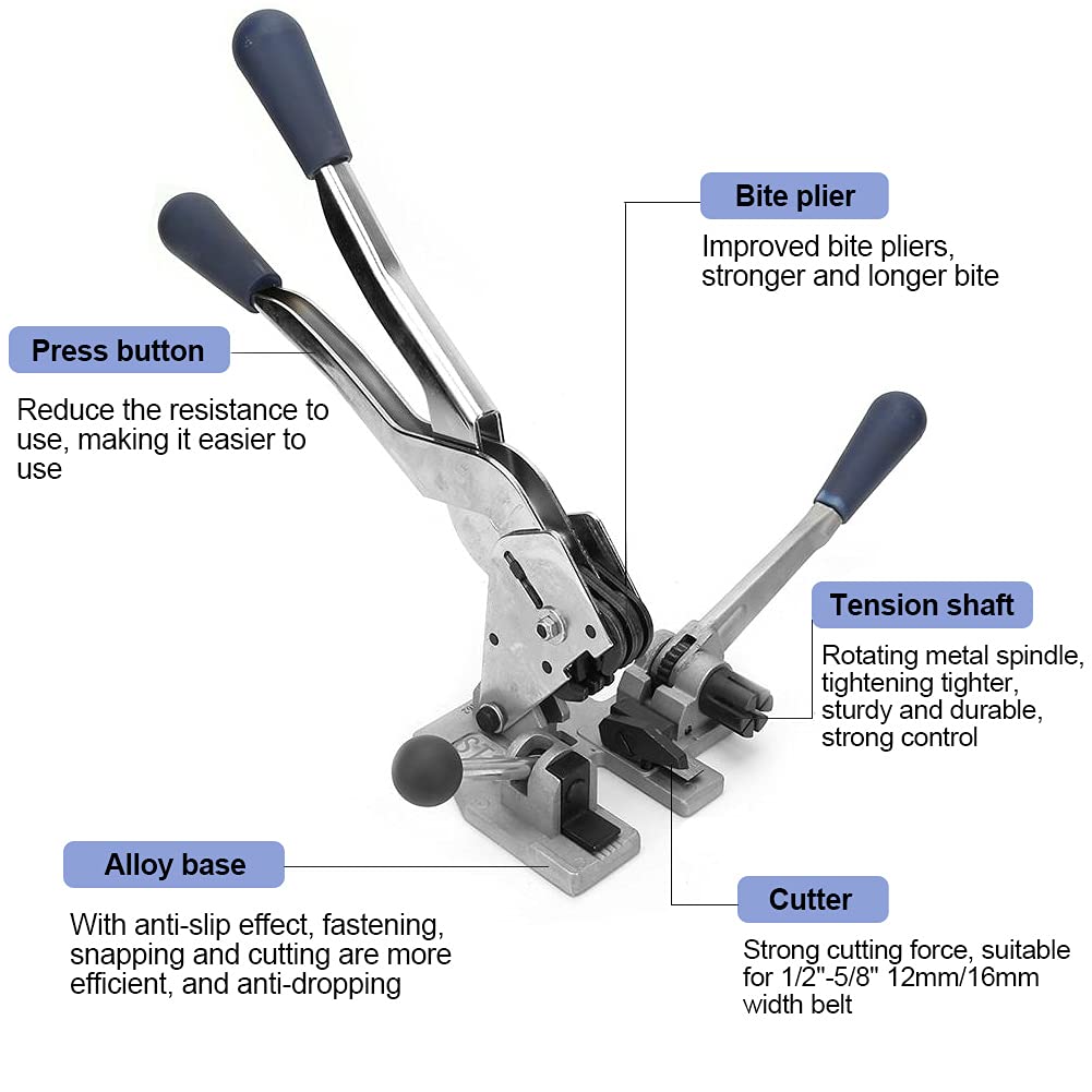 Reggiatrice per confezione 3 in 1, pinza tendicinghia manuale in acciaio per reggetta in polipropilene 1/2 "-5/8", per imballaggi industriali e domestici.