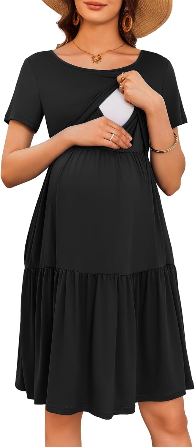 Ekouaer Nursing Dress Summer Short Sleeve Breastfeeding Casual Knee Length Maternity Dresses S-XXL