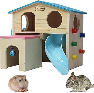 PINVNBY Houten Hamster Huis Kleine Dier Hideout Klimmen Ladder Slide Hut Speelgoed voor Chipmunk Mouse Rat Egel (Blauw)